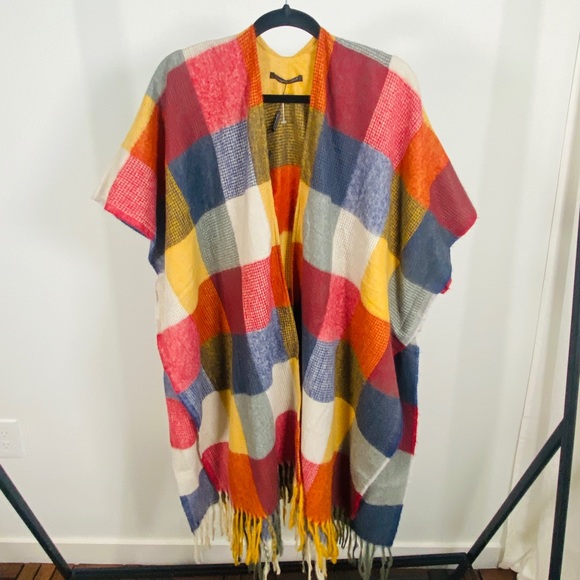 Multicolor Check Patchwork Soft Versatile Wear Poncho Cape Cloak O/S - Picture 2 of 8